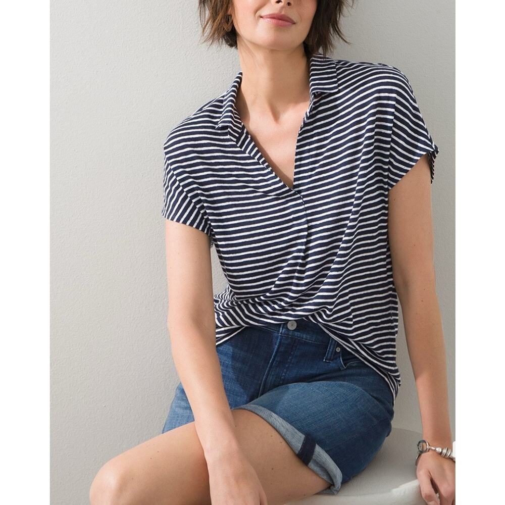 Chicos Linen Top Women Size 0 Small Blue Stripe Collared Tee Coastal Preppy
